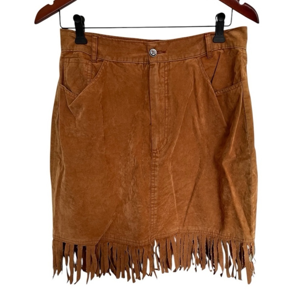 Lola Lorca Faux Suede Fringe Mini Skirt Brown Tan Size M